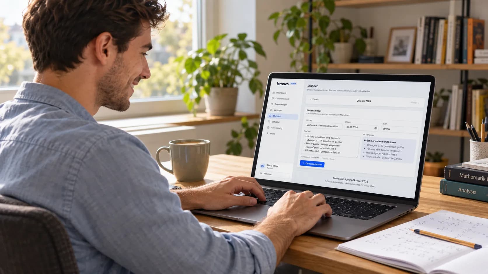 Tutor erfasst nach der Nachhilfe die Lektion mit Notizen im Tutavio Tutor-Portal