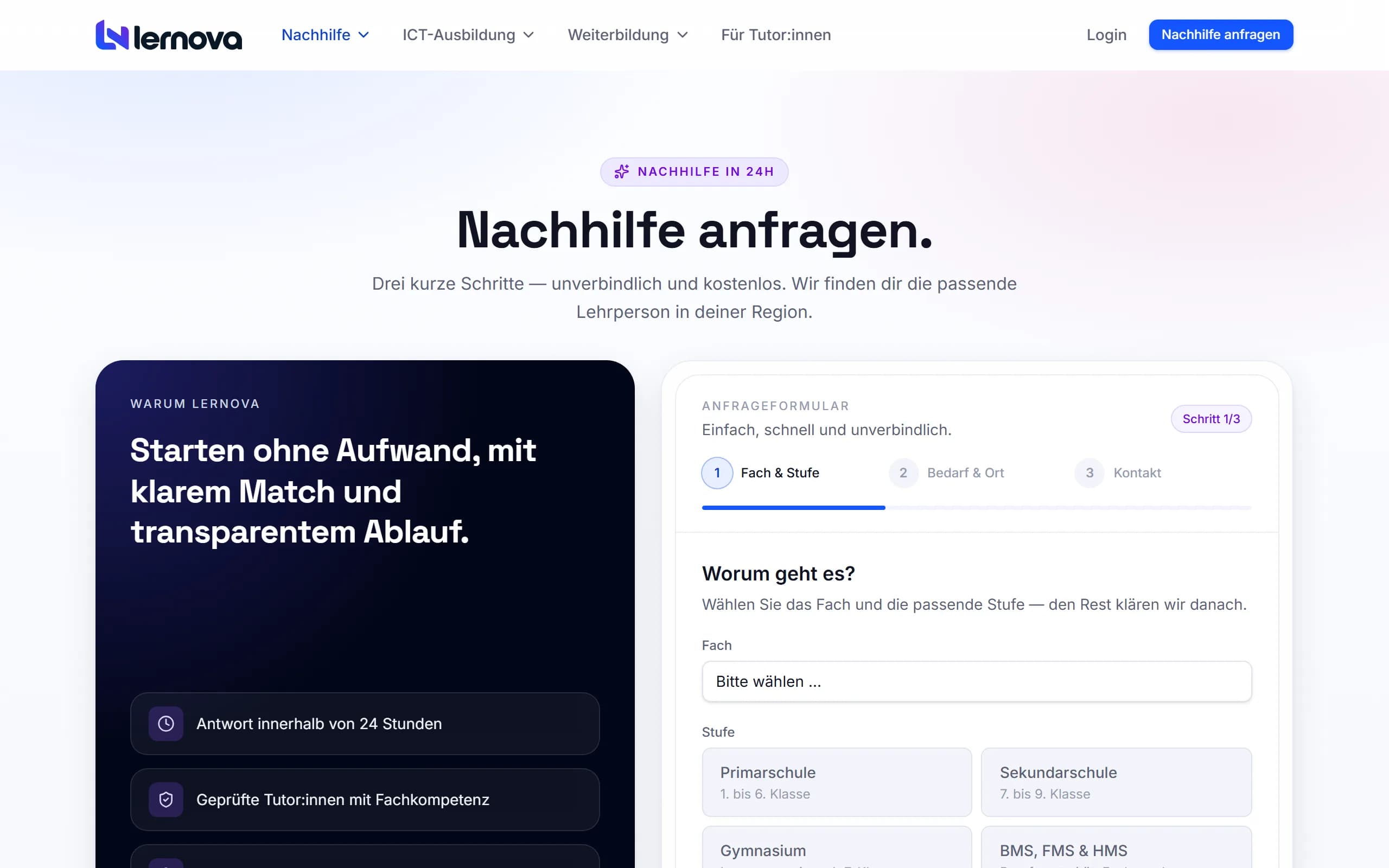 Nachhilfe-Anfrage: Fach, Stufe und PLZ in rund zwei Minuten