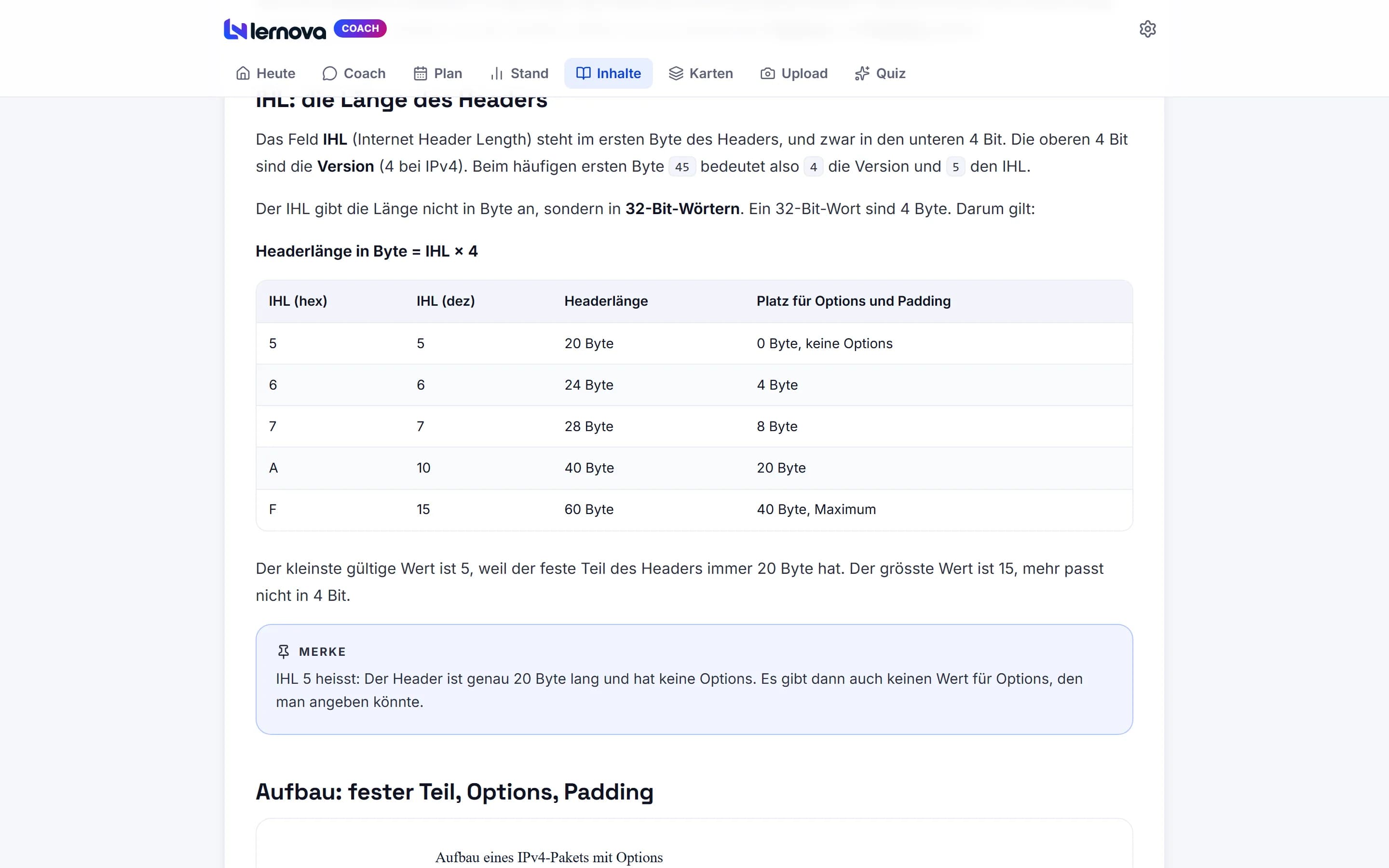 Tutavio Coach: Lerninhalt zum IPv4-Header mit Tabelle, Diagramm und Hinweisboxen