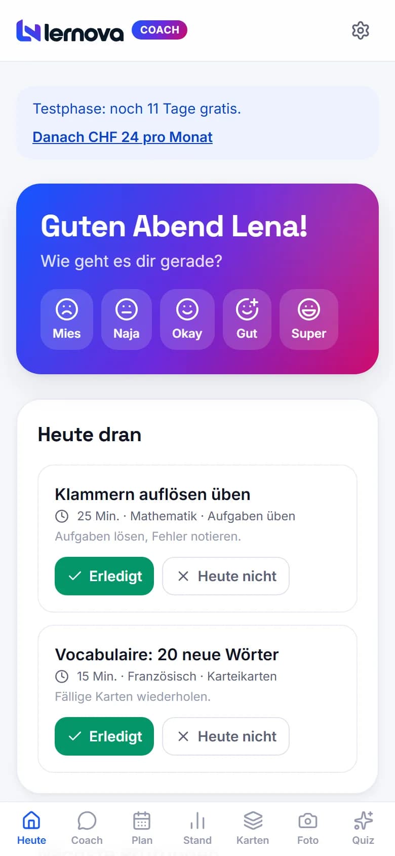 Tutavio Coach auf dem Handy: Stimmung, Lernblöcke von heute und nächste Prüfung