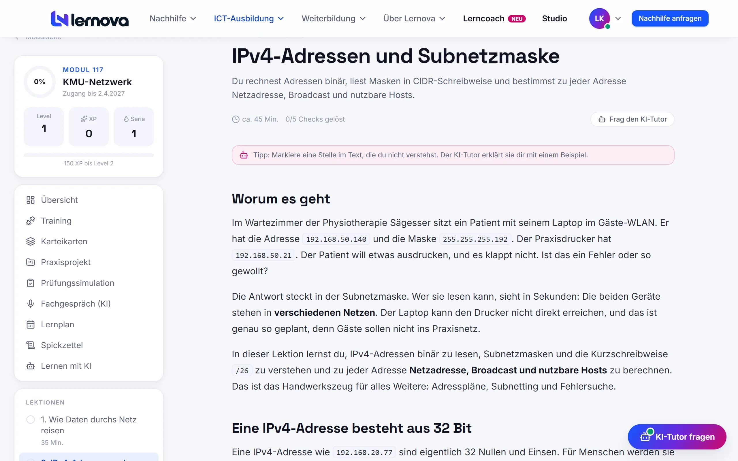 Lektion IPv4-Adressen und Subnetzmaske mit Praxisfall aus einem KMU