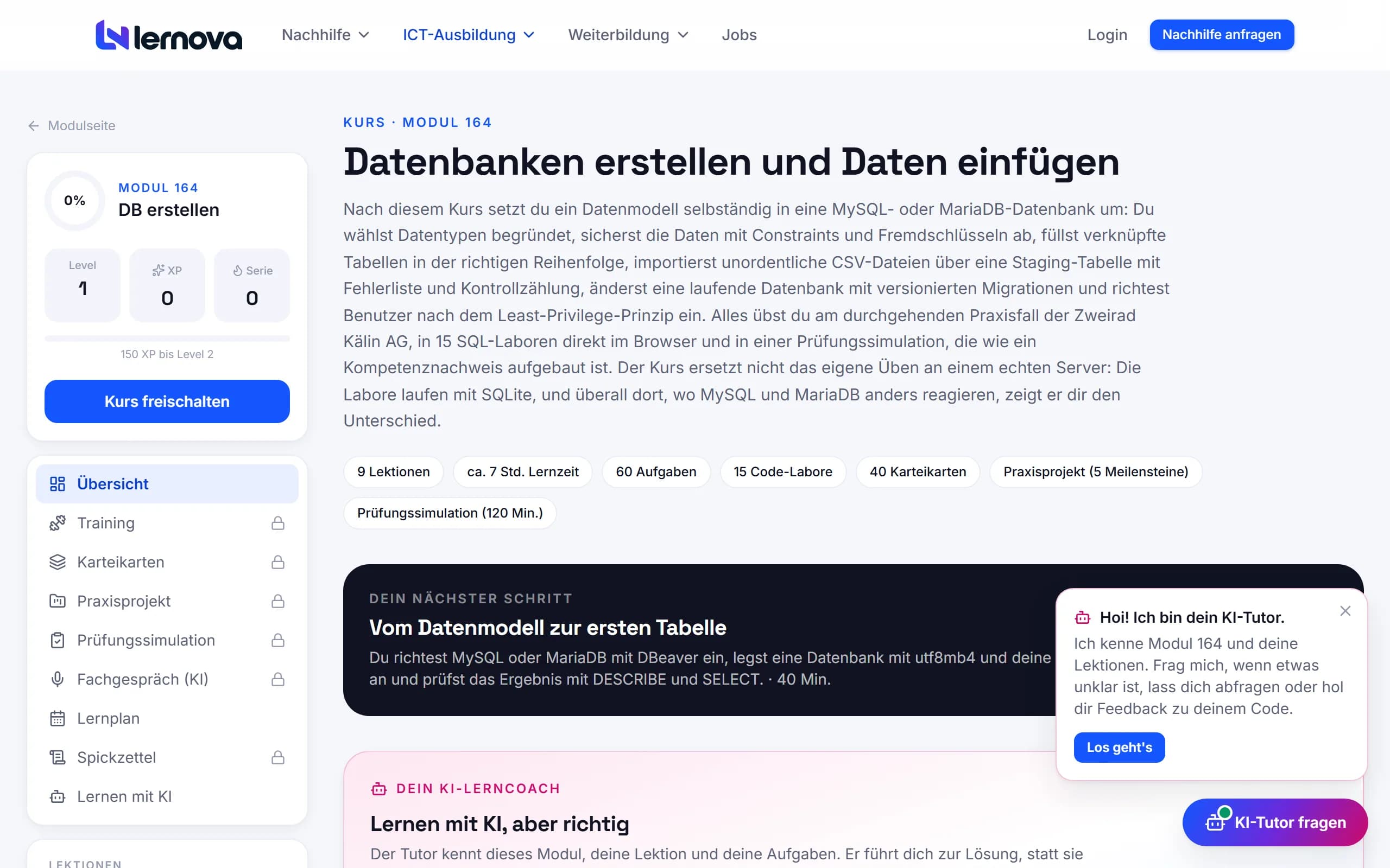 ICT-Lernplattform: Kurs zu Modul 164 mit Lernplan, Lektionen und Fortschritt