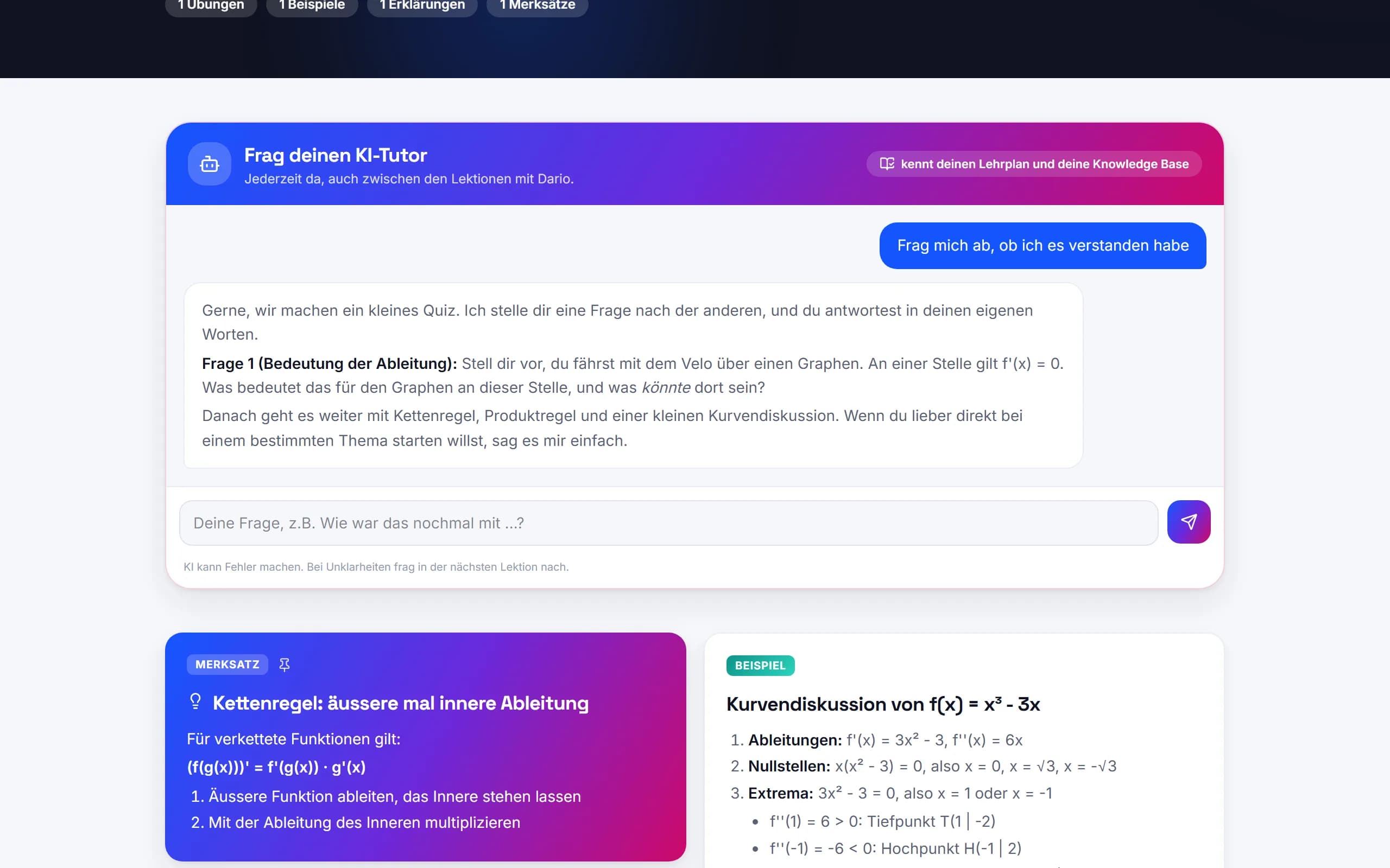KI-Tutor für Schüler:innen, der Lehrplan und persönliche Knowledge Base kennt, fragt ab