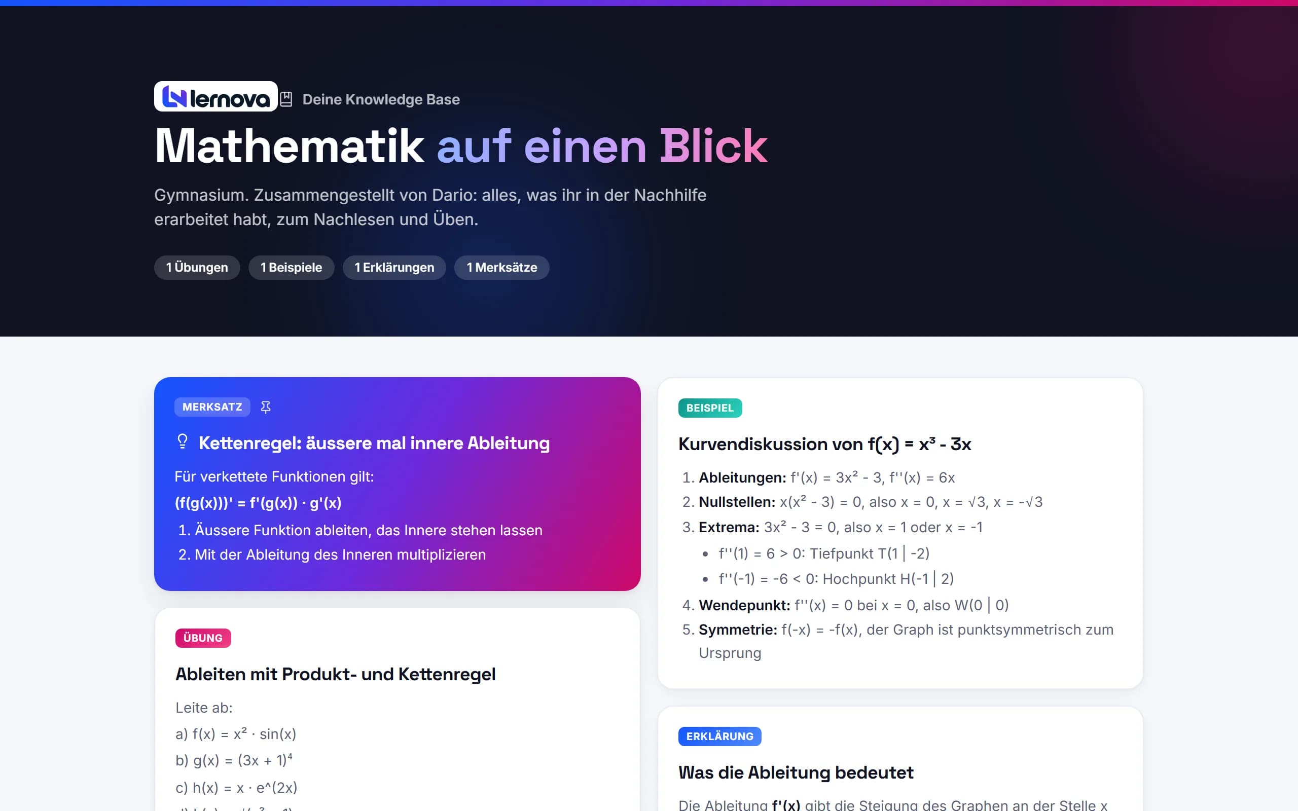 Knowledge Base für Schüler:innen: Merksätze, Beispiele und Übungen mit aufklappbarer Lösung