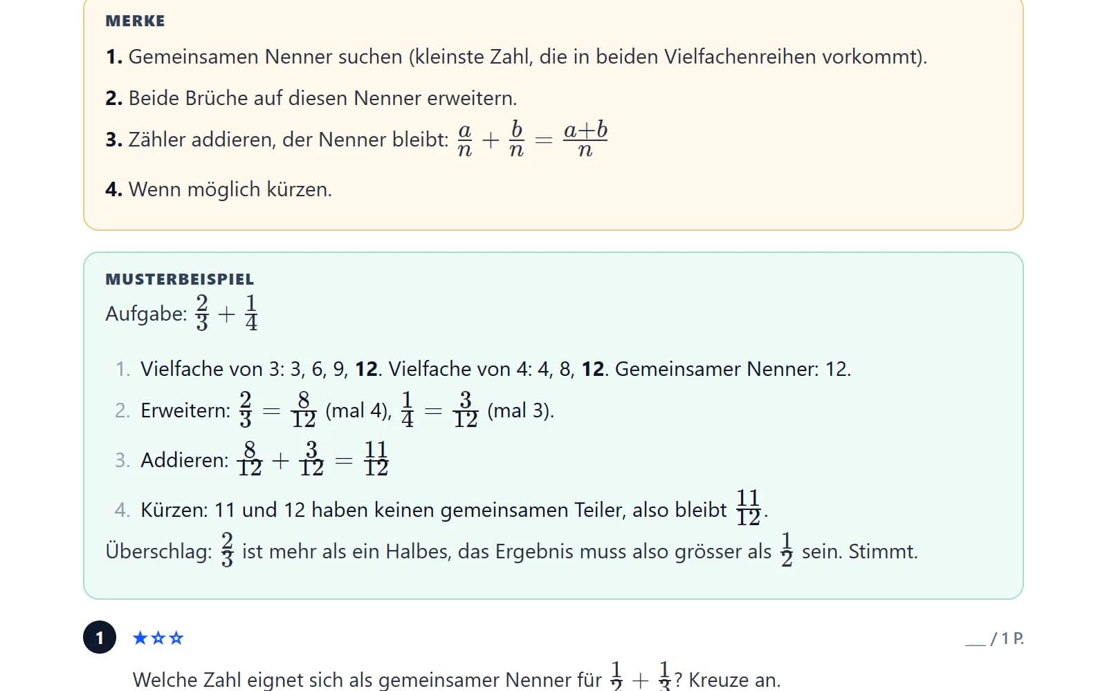 Arbeitsblatt mit Lernzielen, Merkkasten, Musterbeispiel und Aufgaben in drei Niveaus