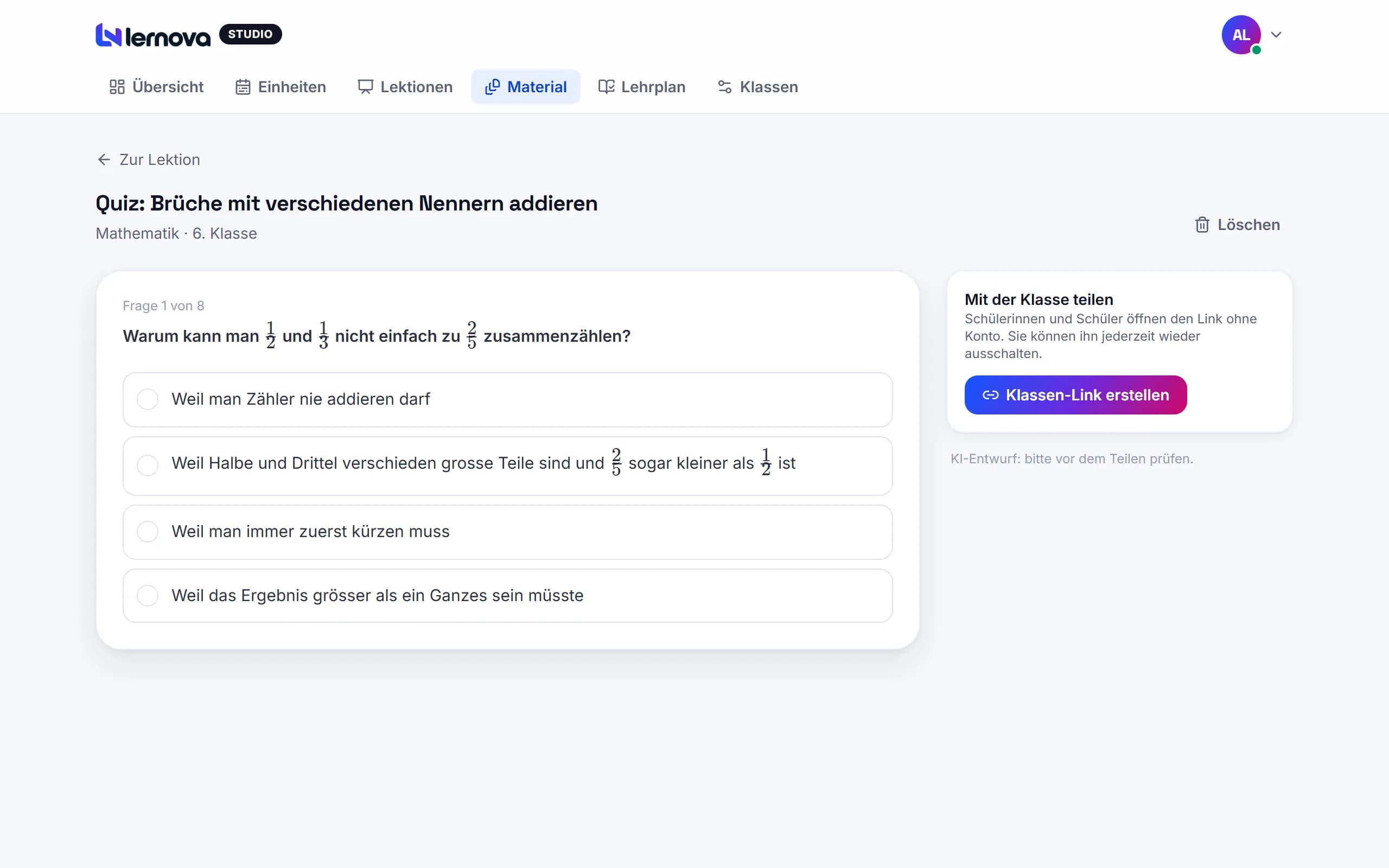 Quiz für die Klasse mit Formeln, teilbar per Klassen-Link ohne Konto