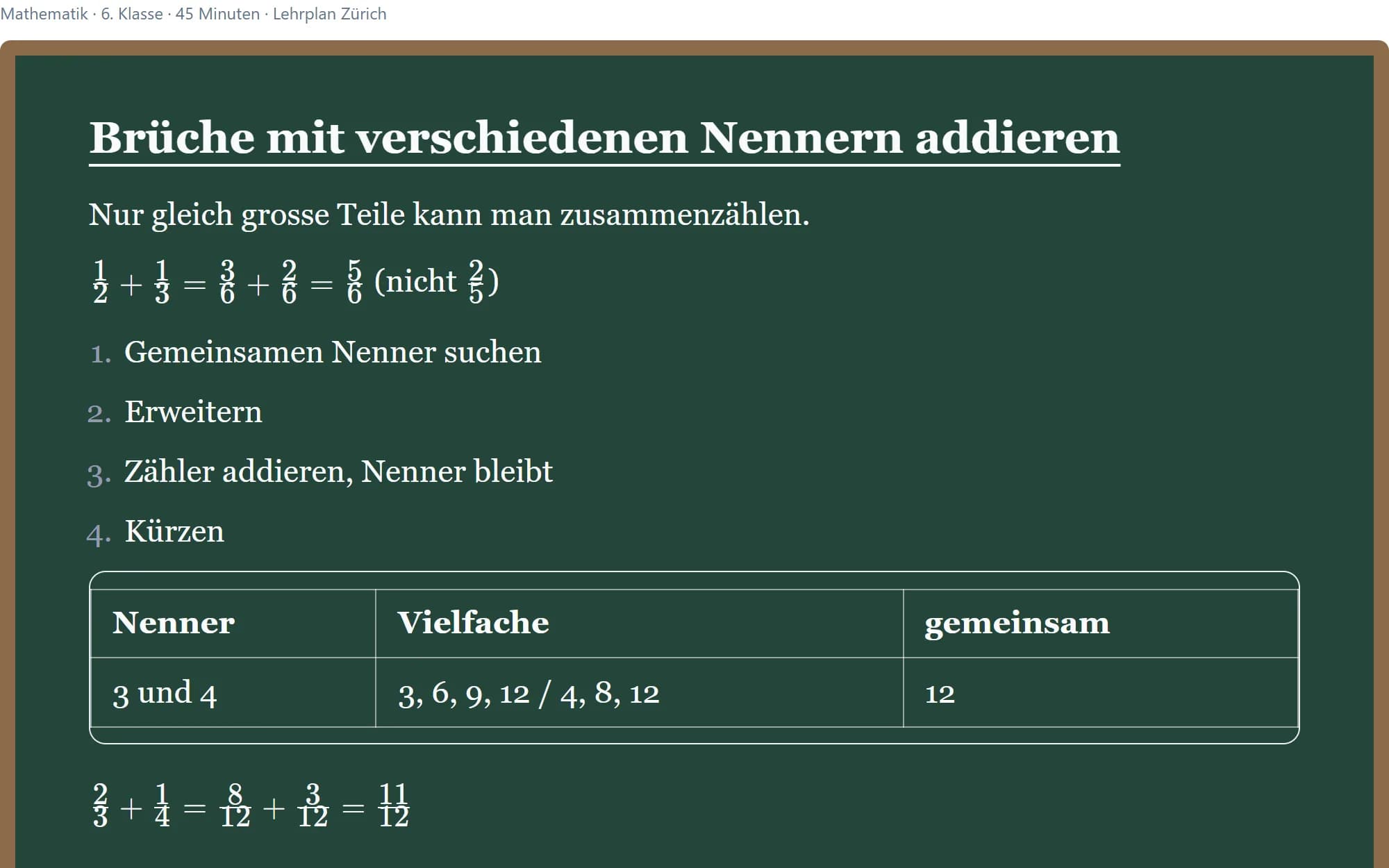 Tafelbild zum Abschreiben oder Projizieren, mit Formeln und Tabelle