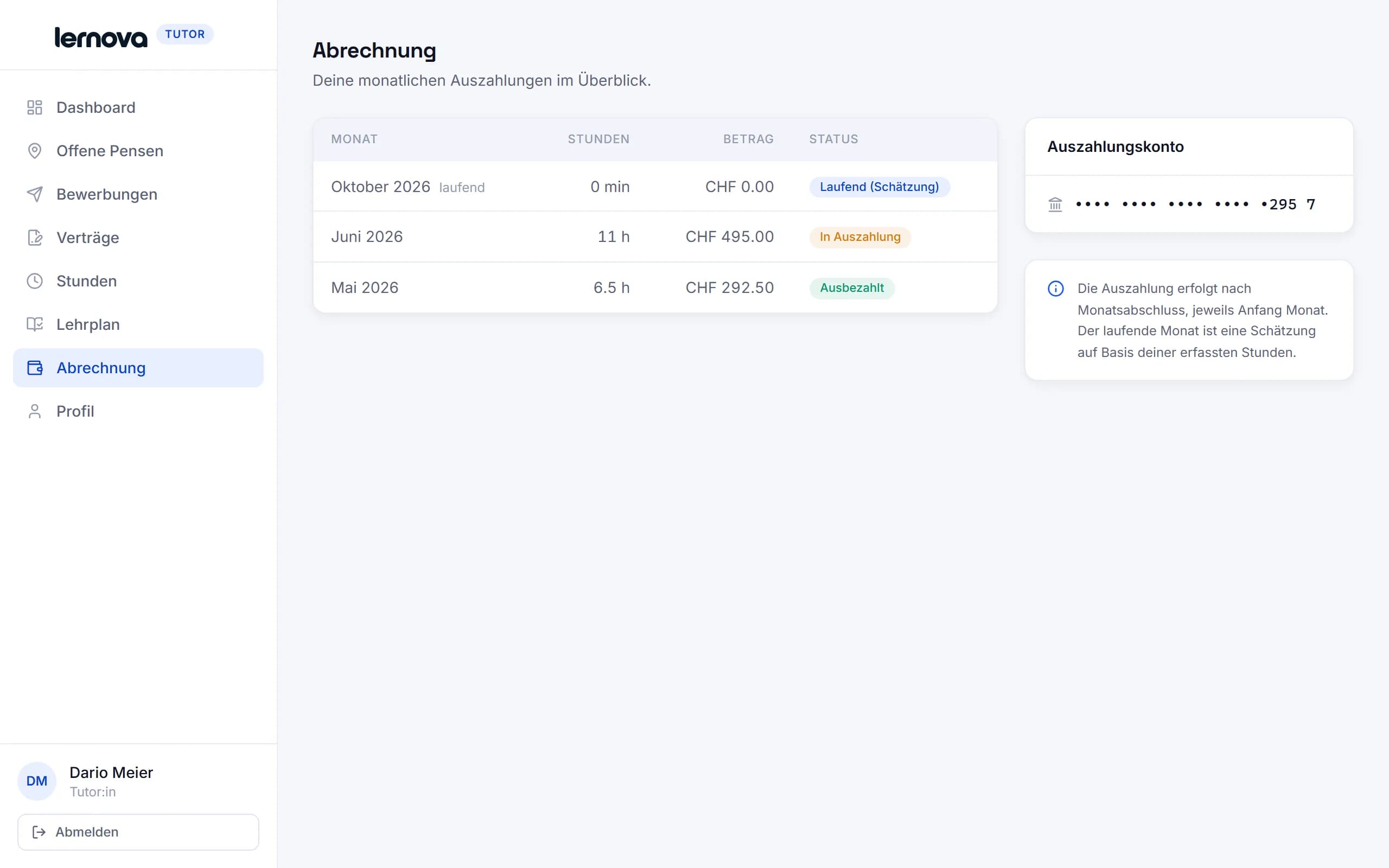 Tutor-Portal: monatliche Auszahlungen mit Stunden, Betrag und Status