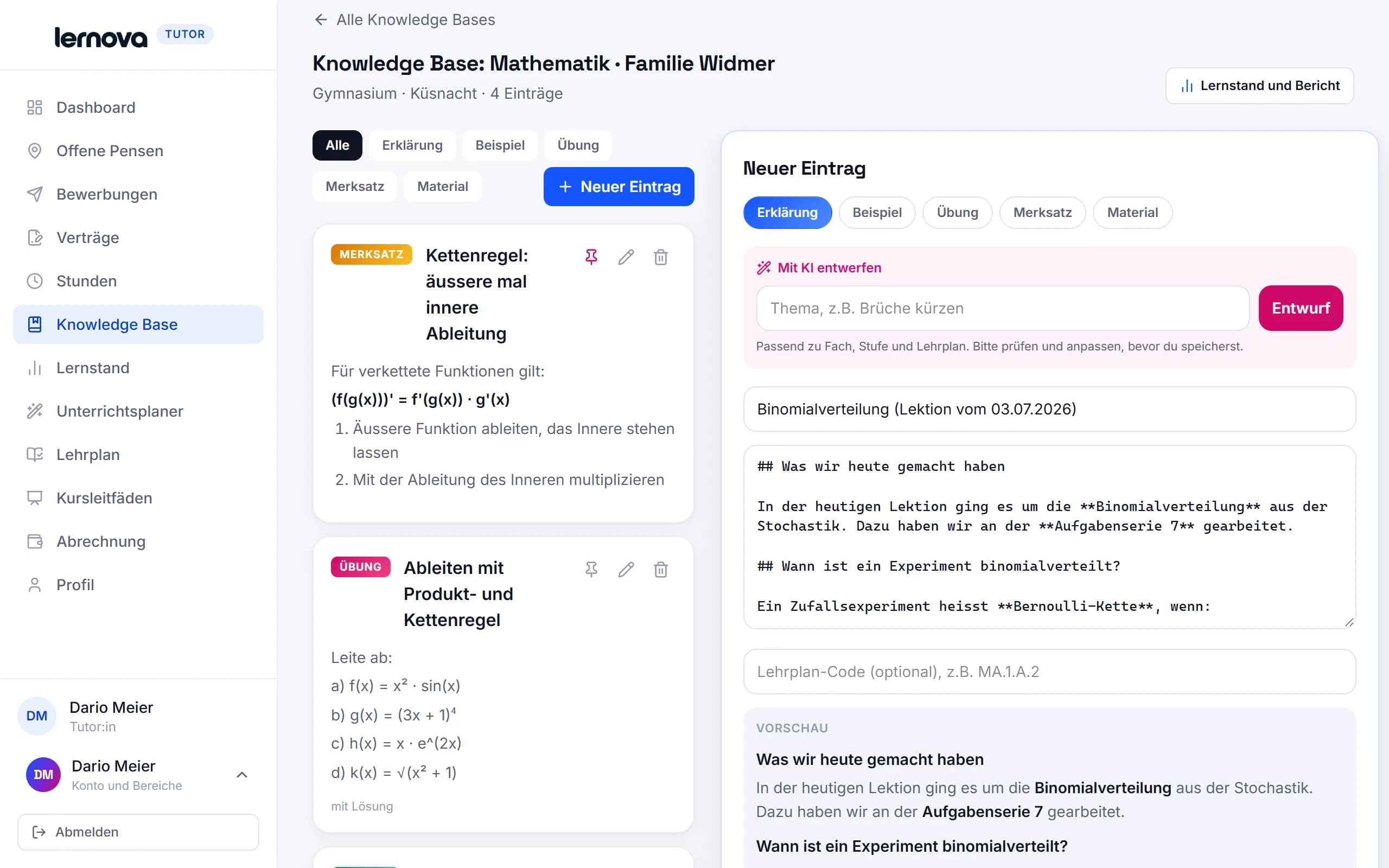 Aus den Notizen einer Lektion wird ein Lerninhalt für die Knowledge Base der Schülerin, von der Tutorin geprüft