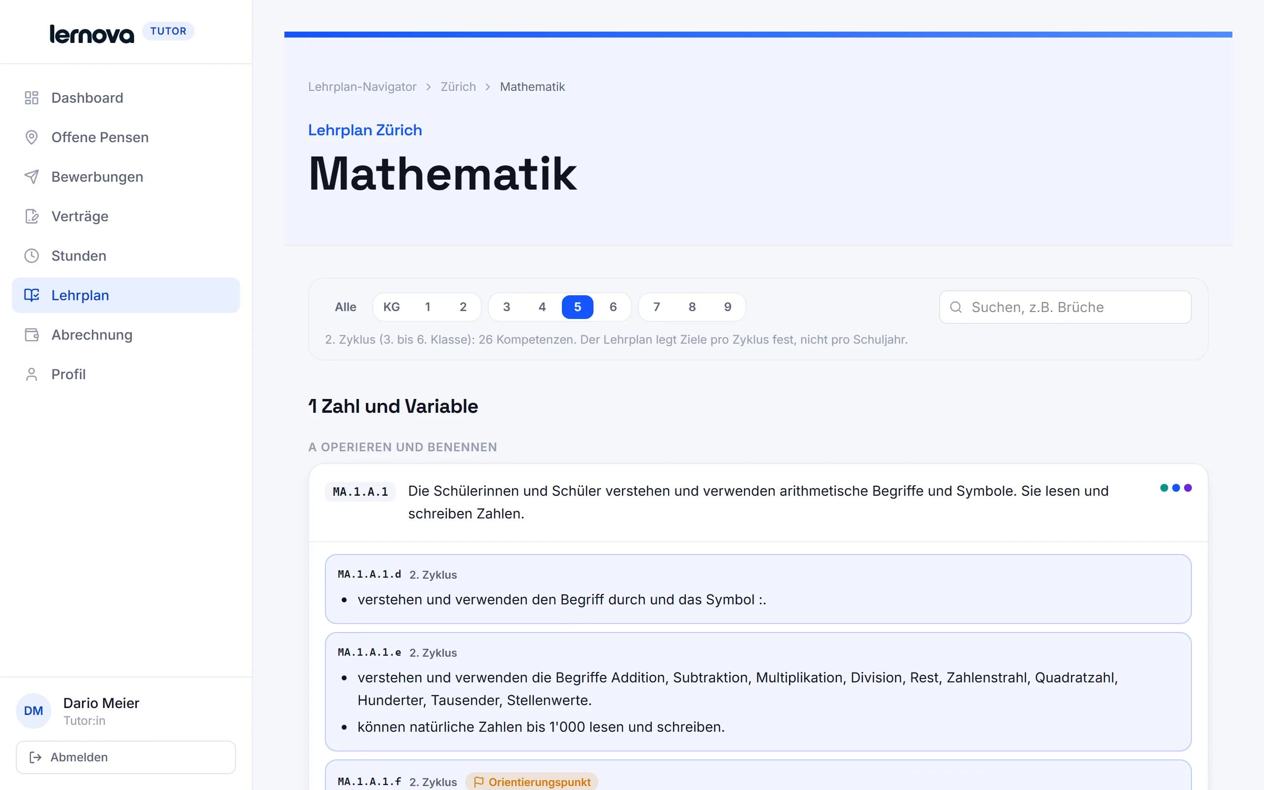 Tutor-Portal: Lehrplan Zürich, Mathematik, gefiltert auf die 5. Klasse