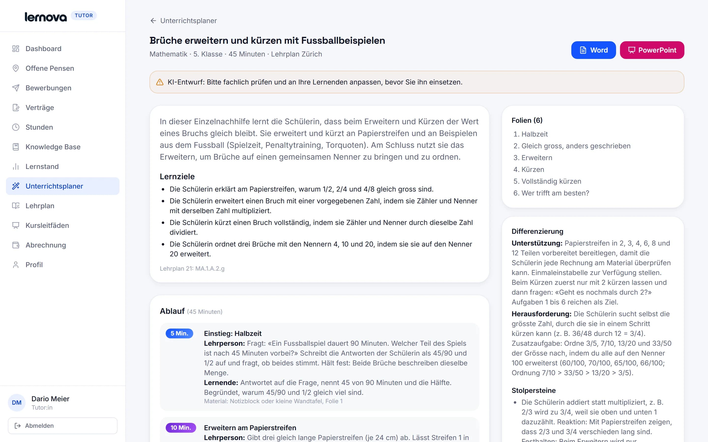 Unterrichtsplaner: Lektion nach Lehrplan 21 mit Ablauf, Arbeitsblatt und Folien, Export als Word und PowerPoint