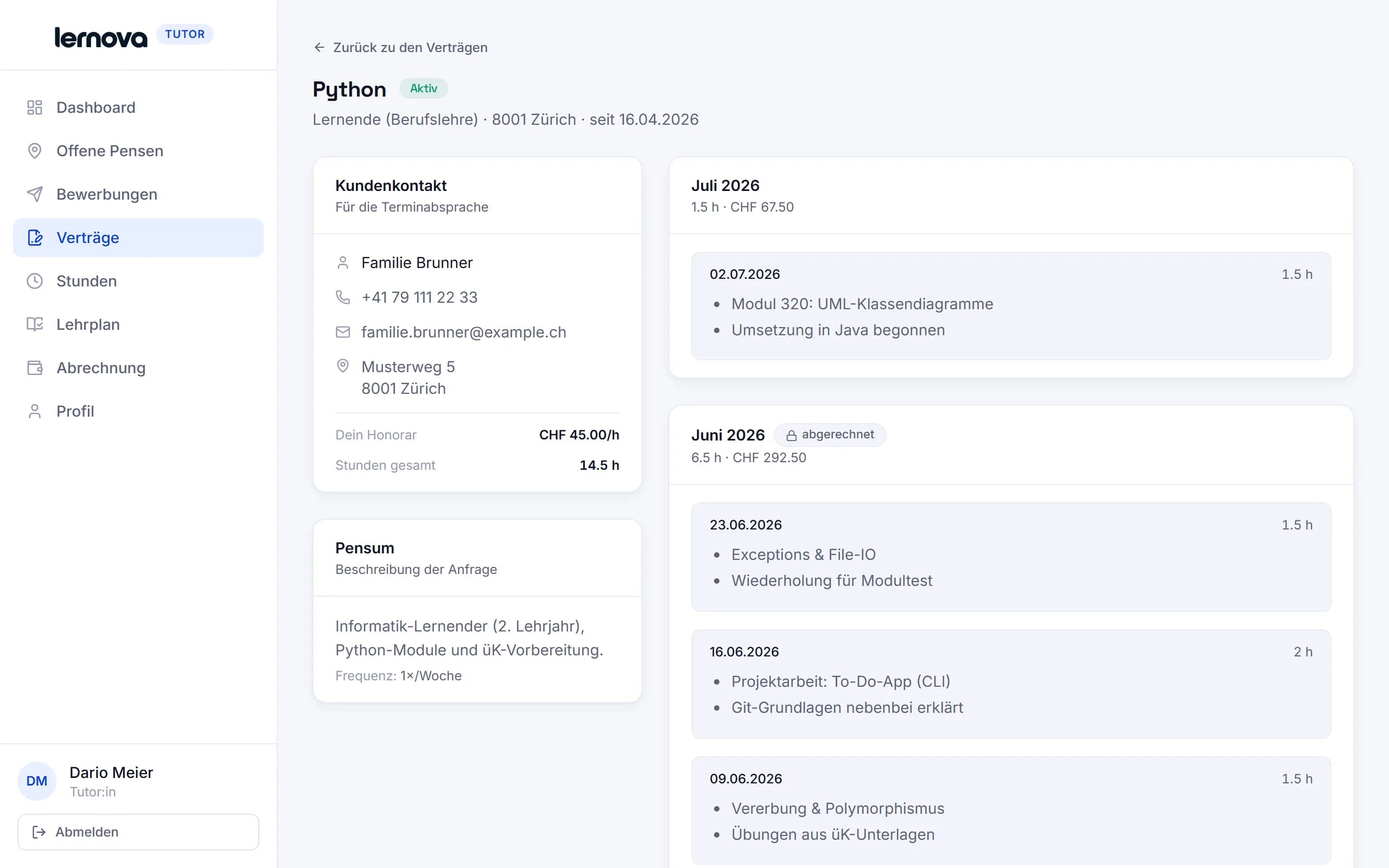 Tutor-Portal: Vertrag mit Kundenkontakt, Stundenlohn und Lektionsprotokoll pro Monat