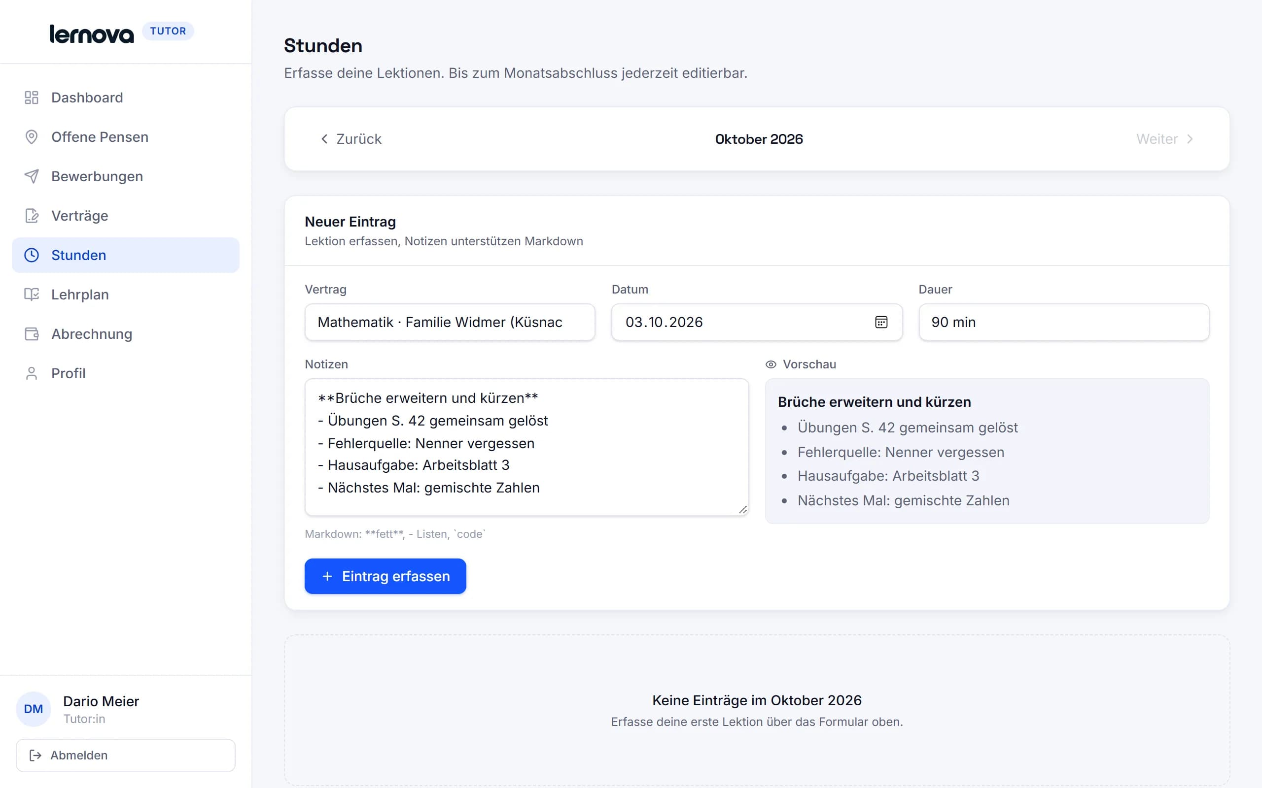 Tutor-Portal: Lektion erfassen mit Datum, Dauer und Notizen samt Vorschau
