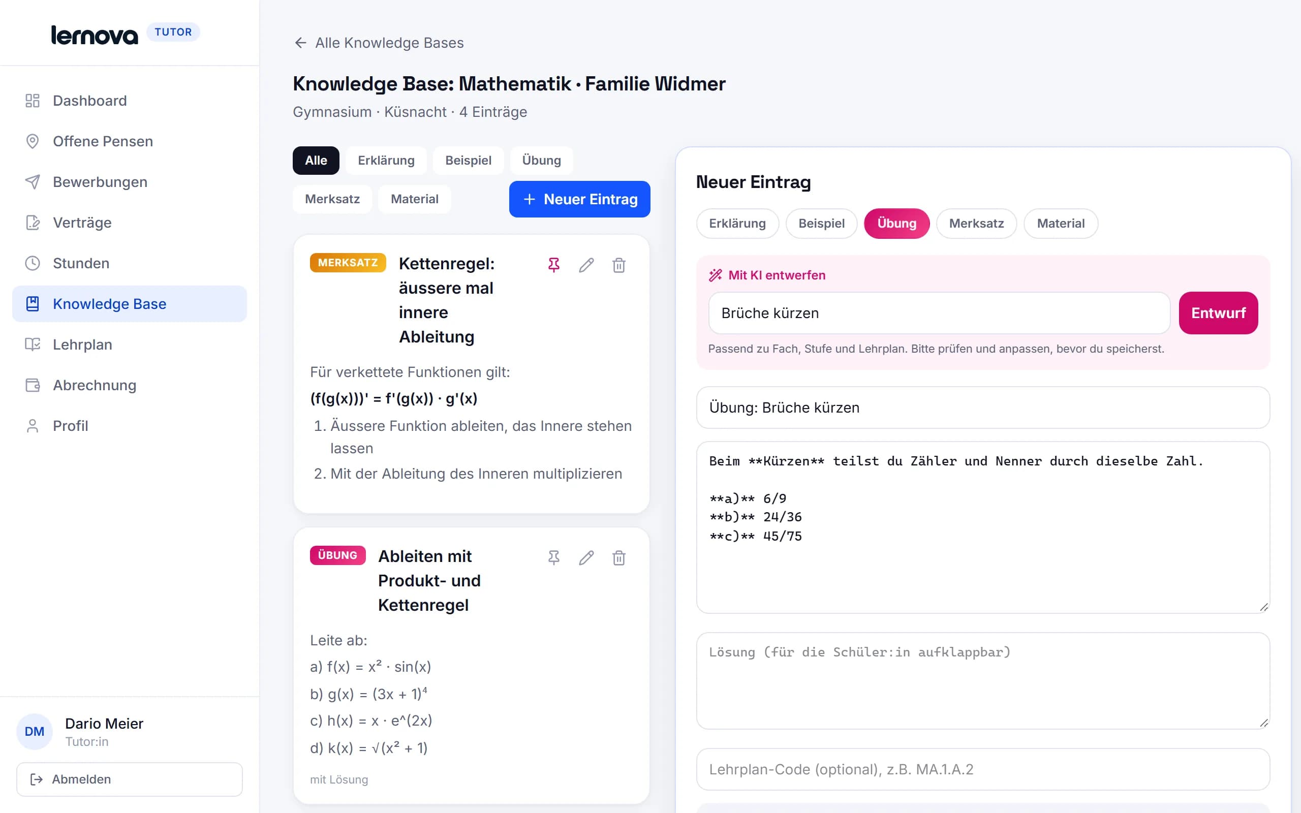 Tutor-Portal: Knowledge Base einer Schülerin bearbeiten, mit KI-Entwurf und Vorschau
